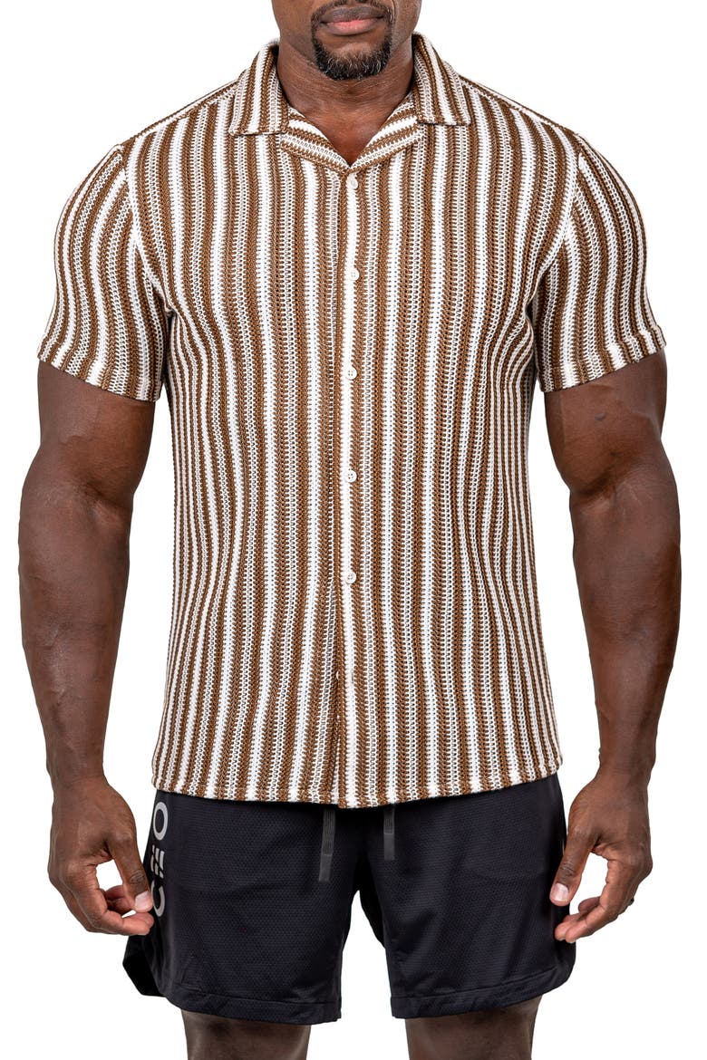 Marthy Knit Short Sleeve Button-Up Shirt, Main, color, BROWN