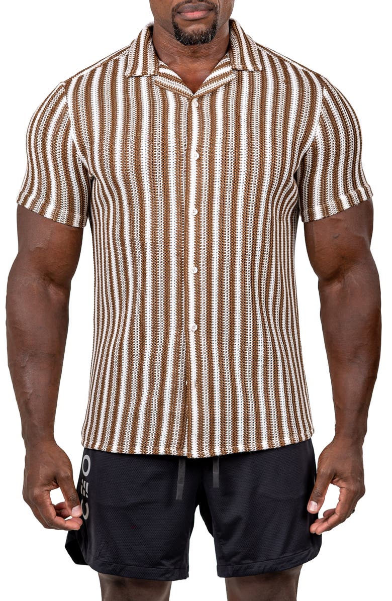 Maceoo Marthy Knit Short Sleeve Button-Up Shirt, Main, color, Brown