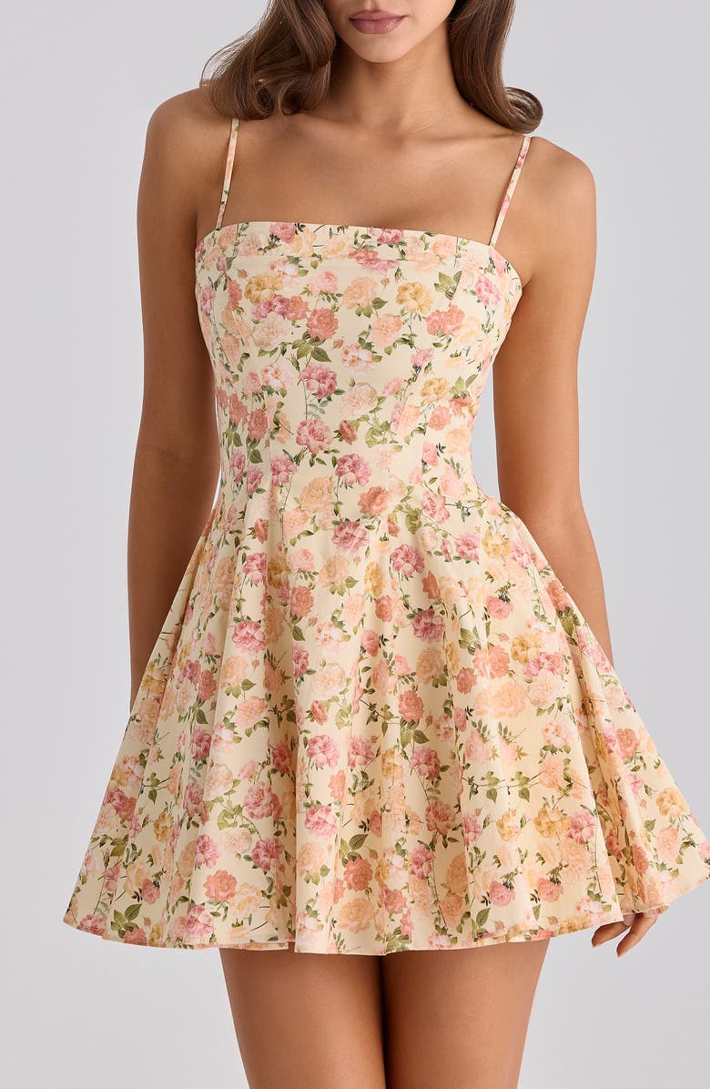 HOUSE OF CB Dolly Rose Print Stretch Cotton Fit & Flare Minidress, Alternate, color, Warm Rose Print