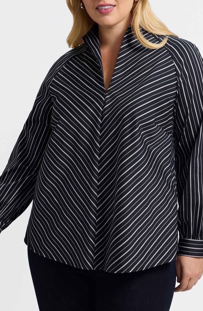 Foxcroft Daphne Stripe Stretch Cotton Blend Pullover Shirt, Main, color, Black/ White