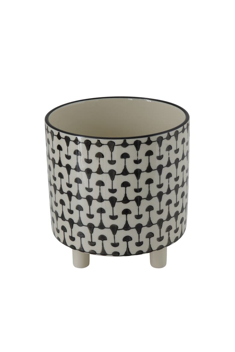 Round Stoneware Planters with Geometric Prints, Black and White, Main, color, Black