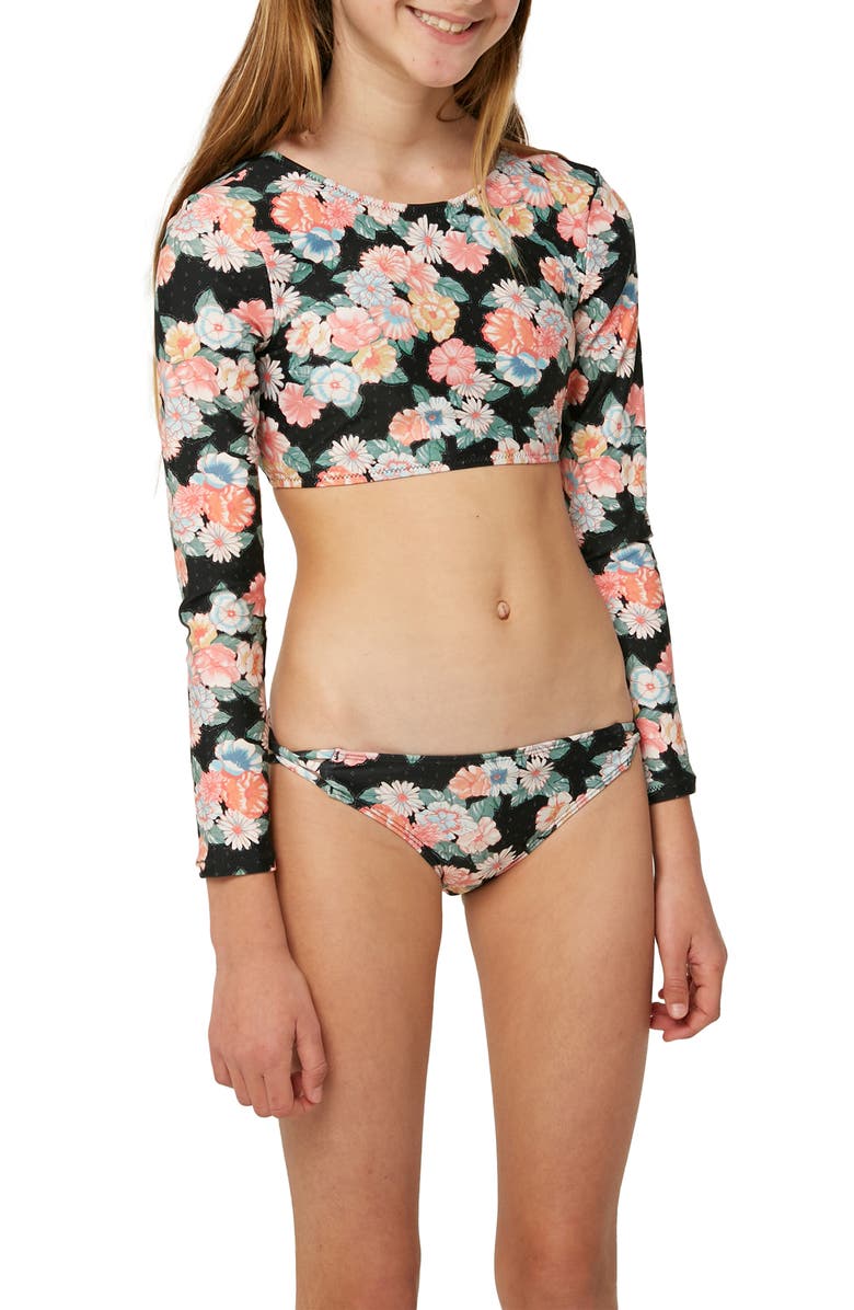 O
Neill Kids
 Emilie Floral Long Sleeve Crop Swim Top, Alternate, color, Black