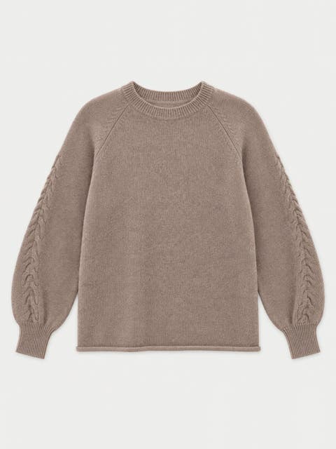 Cashmere Cable-sleeve Crewneck Sweater