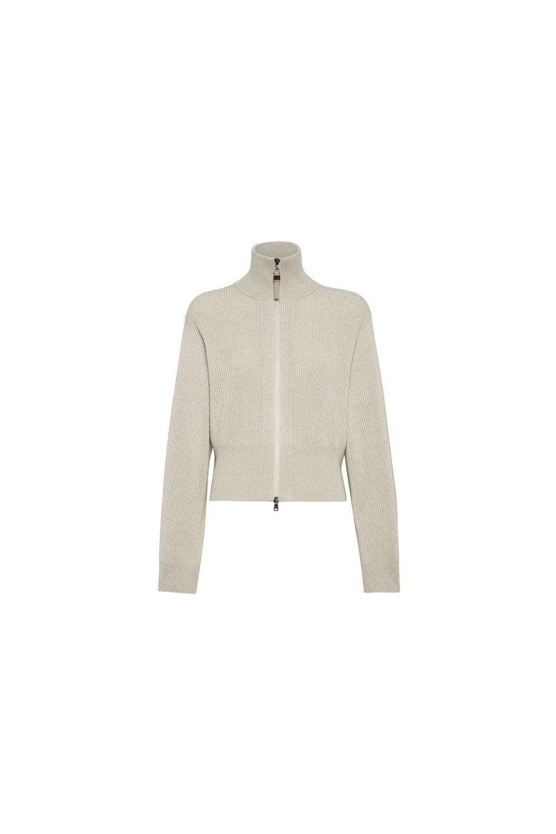 Sparkling cashmere English rib cardigan with shiny zipper pull, Alternate, color, Sand