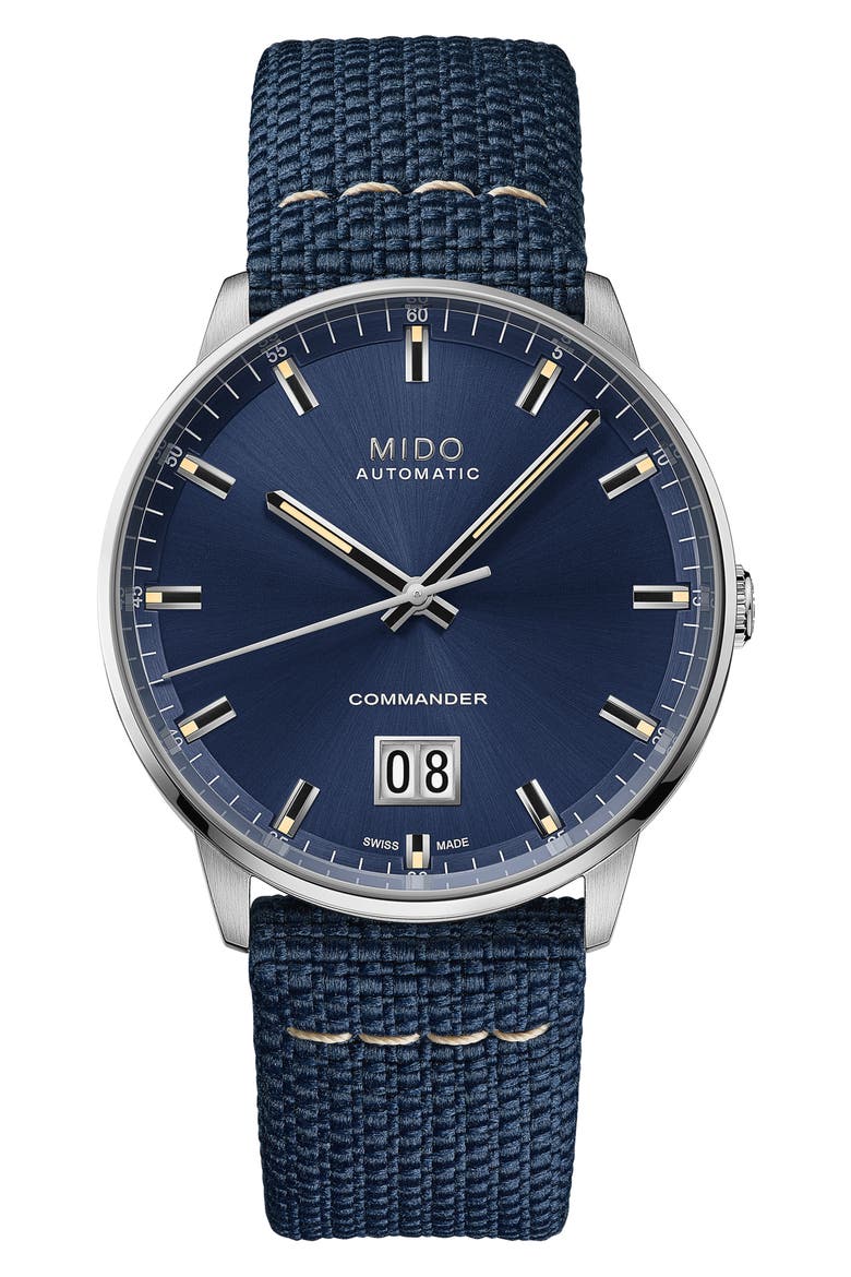 Commander Automatic Fabric Strap Watch, 40mm, Main, color, BLUE