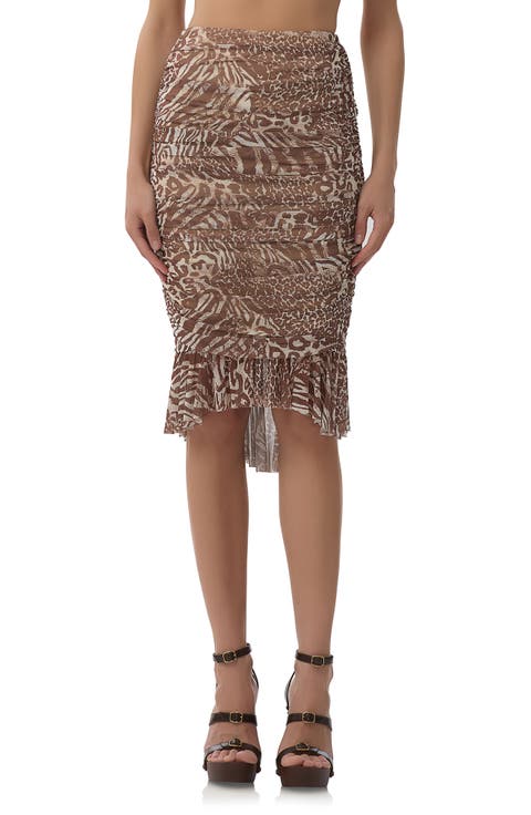 Ronica Ruched Mesh High-Low Skirt