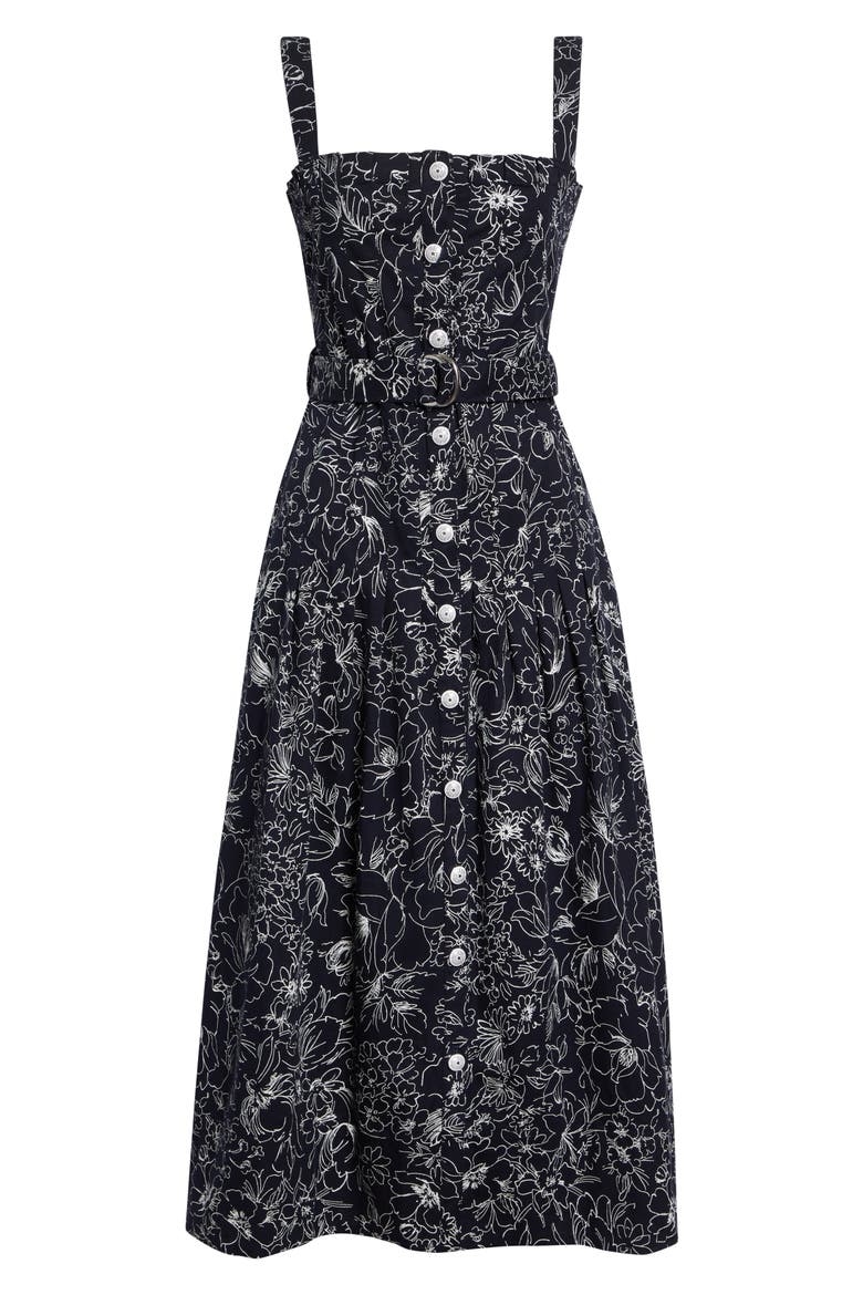 Branwen Garden Doodle Belted Denim A-Line Midi Dress, Alternate, color, NAVY/ WHITE