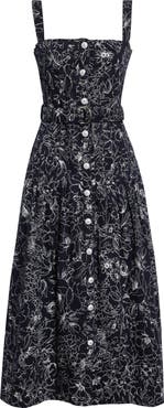Cinq à Sept Branwen Garden Doodle Belted Denim A-Line Midi Dress