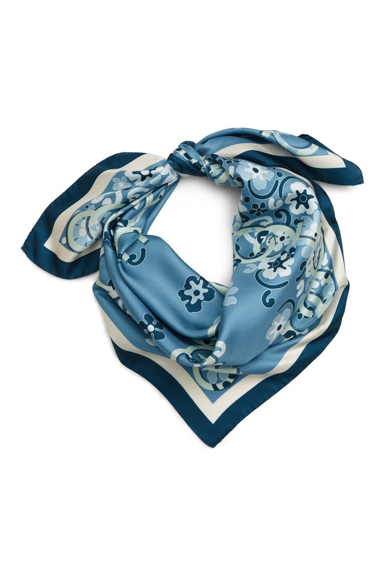Floral Logo Silk Scarf, Alternate, color, STONE BLUE