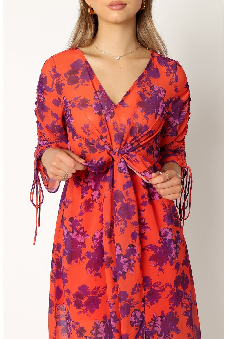 Hallie Floral Ruched Midi Dress, Alternate, color, RED WINE
