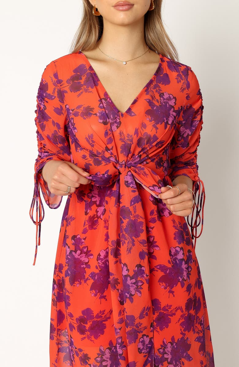 Petal & Pup Hallie Floral Ruched Midi Dress, Alternate, color, Red Wine