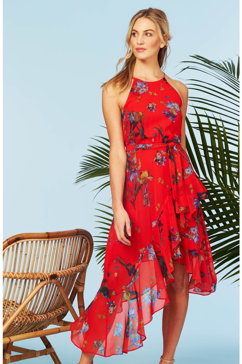 Floral Print Asymmetrical Dress, Alternate, color, FIERYRED