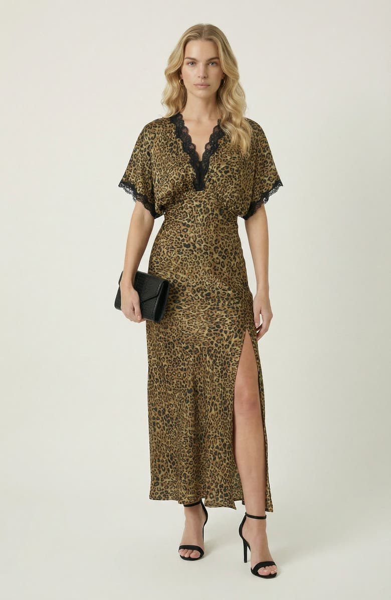 Modenaire Leopard Print Lace-Trim V-Neck Side-Slit Maxi Dress, Main, color, Leopard Print
