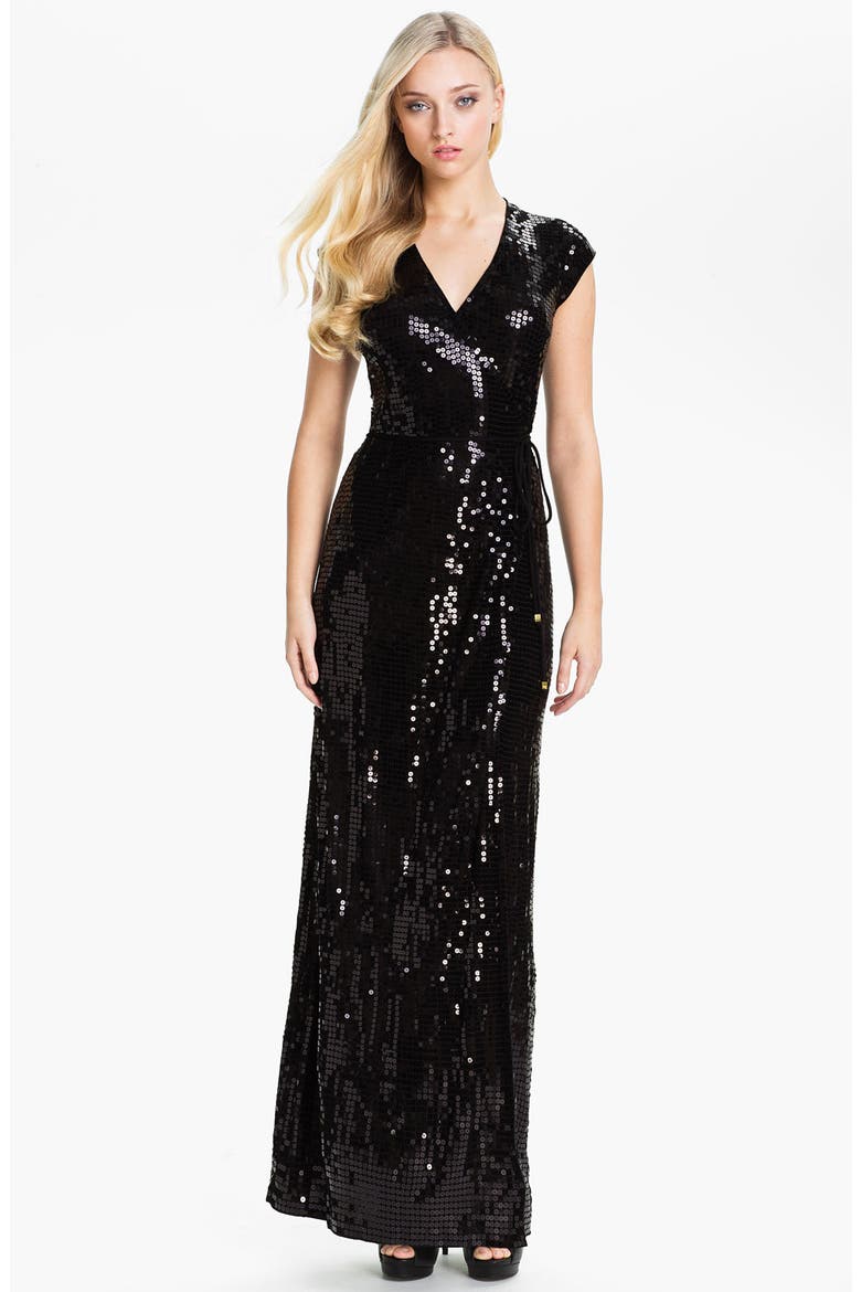 Sequin Wrap Maxi Dress, Main, color, BLACK