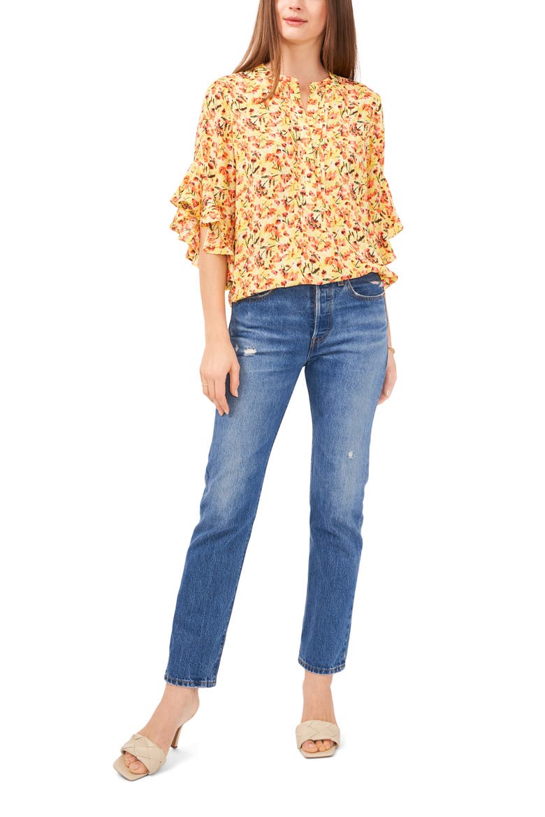 Floral Ruffle Sleeve Top, Alternate, color, YELLOW