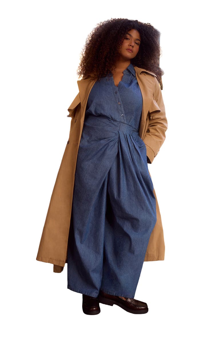 ELOQUII Chambray Pleated Jumpsuit, Main, color, Medium Wash