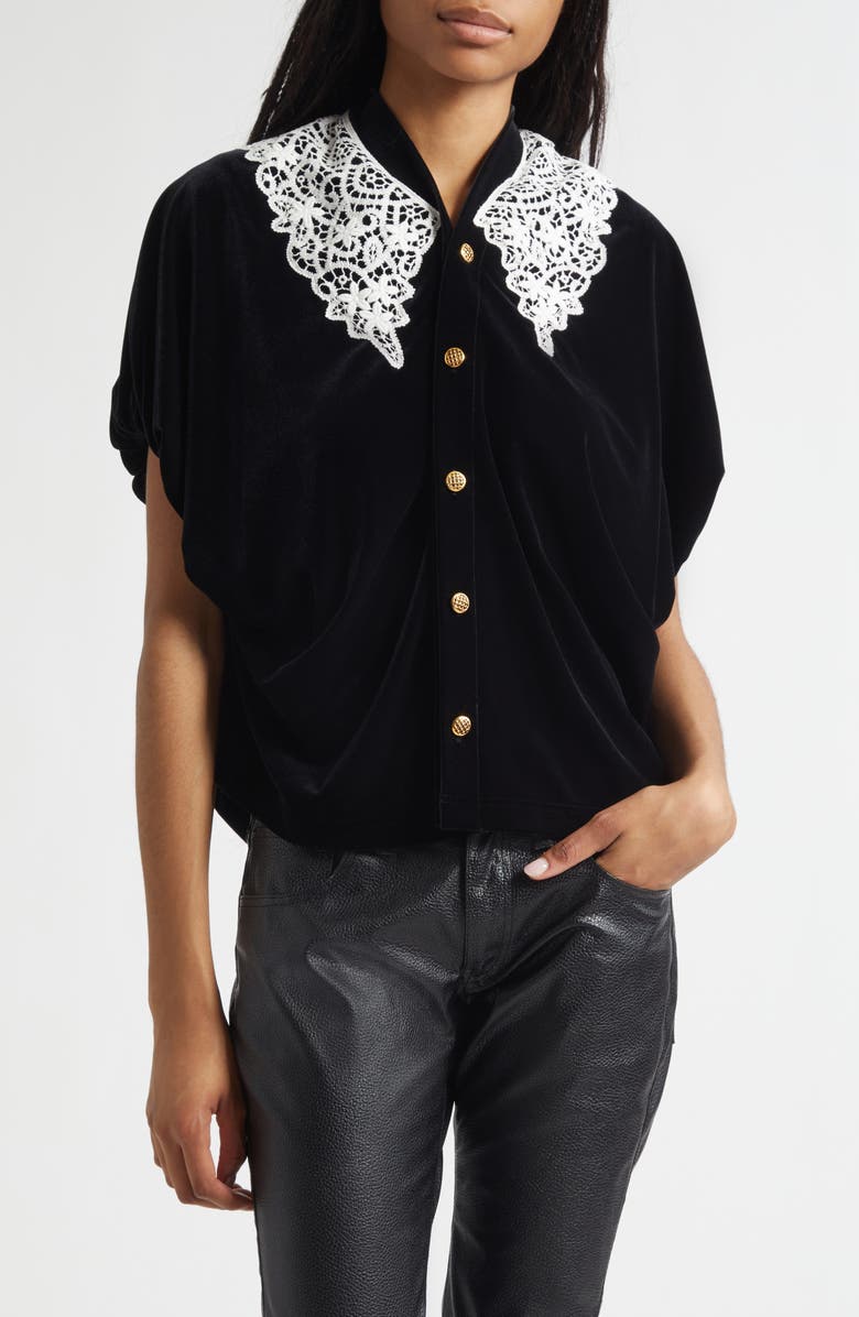 Junya Watanabe Lace Trim Velour Cardigan, Main, color, Black X Off White