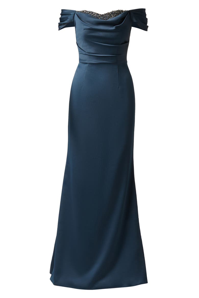 Beaded Off the Shoulder Satin Mermaid Gown, Alternate, color, DARK NAVY