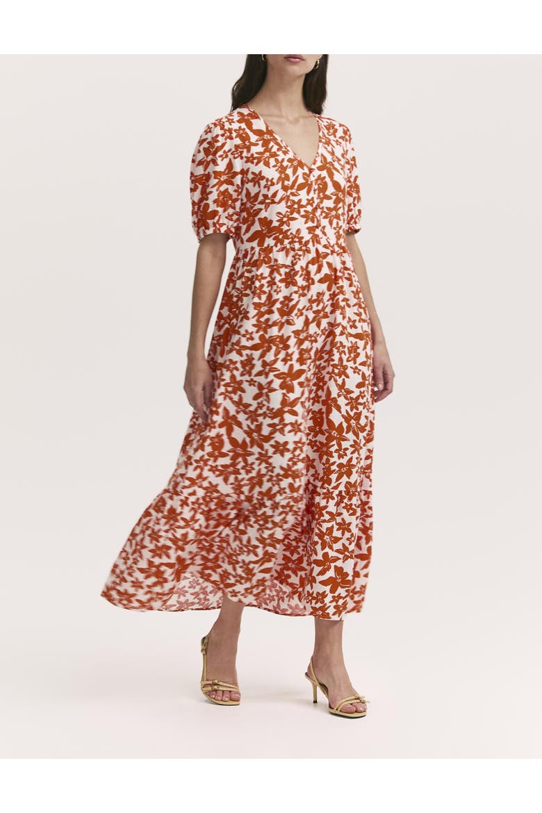 Sabine Floral Tiered Midi Dress, Alternate, color, Orange Flowers