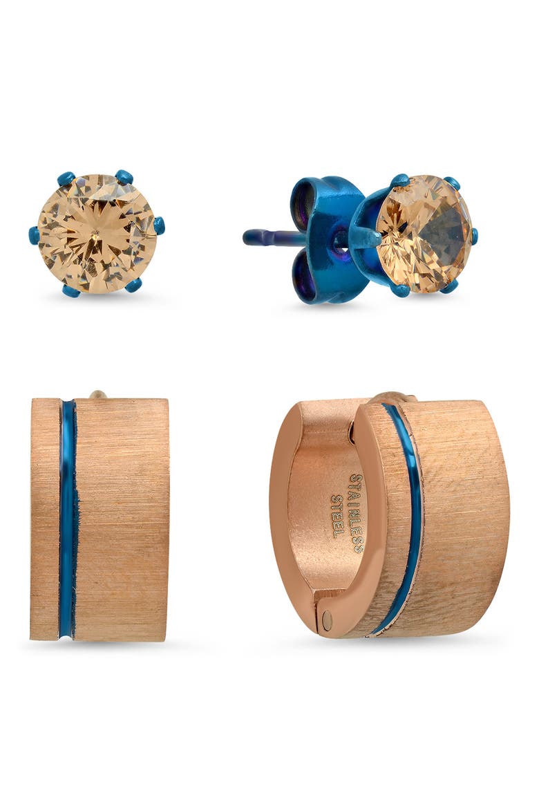 HMY JEWELRY Two-Tone 18K Gold Plated & Blue IP Stainless Steel Simulated Diamond Stud & Huggie Earrings Set, Main, color, ROSE