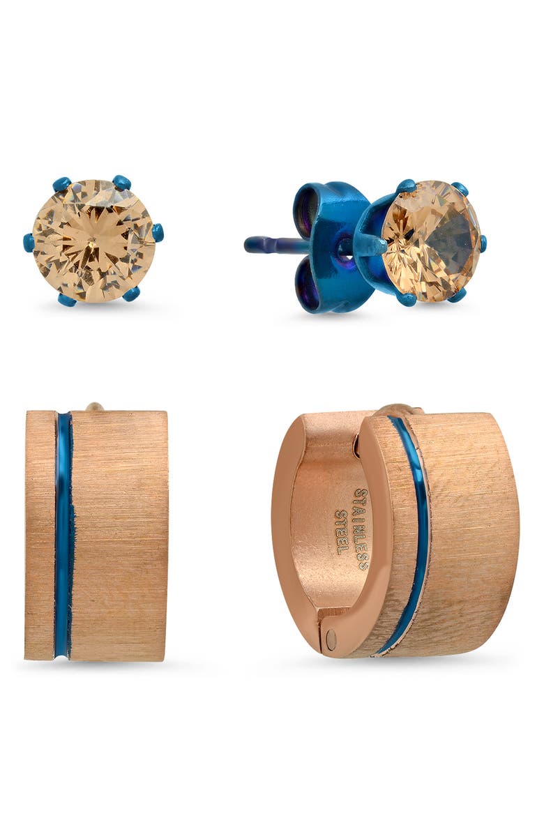 STEELTIME HMY JEWELRY Two-Tone 18K Gold Plated & Blue IP Stainless Steel Simulated Diamond Stud & Huggie Earrings Set, Main, color, Rose