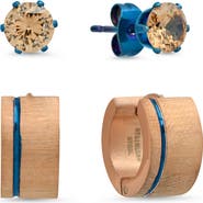 STEELTIME HMY JEWELRY Two-Tone 18K Gold Plated & Blue IP Stainless Steel Simulated Diamond Stud & Huggie Earrings Set