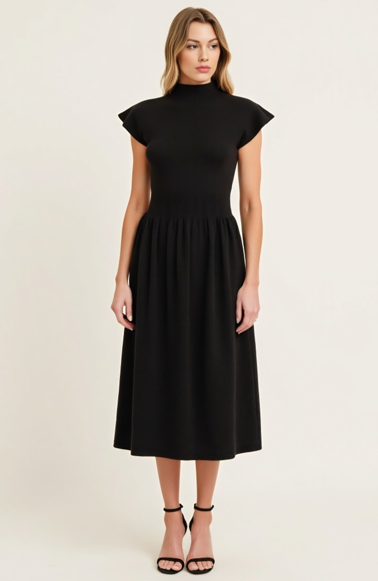 Modenaire Scallop Edge Mock Neck Sleeveless Knit Midi Dress with Flared Skirt, Main, color, 