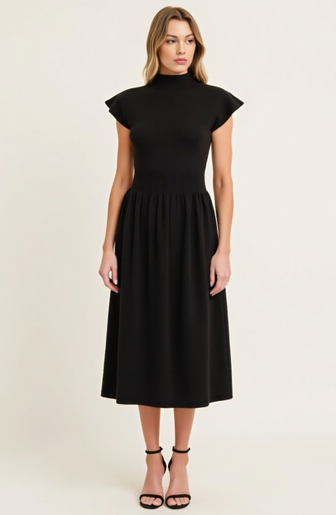 Scallop Edge Mock Neck Sleeveless Knit Midi Dress with Flared Skirt