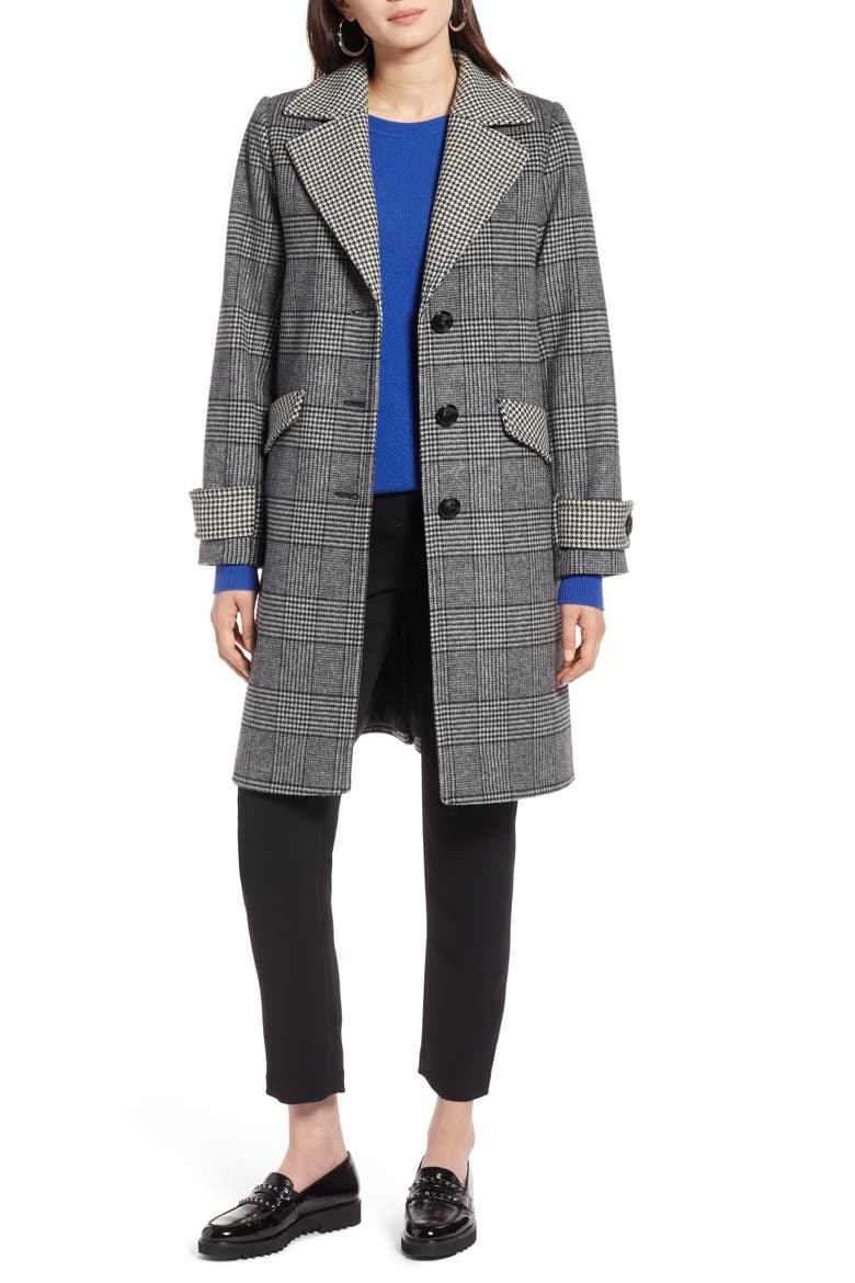 Plaid Mix Wool Coat, Main, color, BLACK- IVORY PLAID