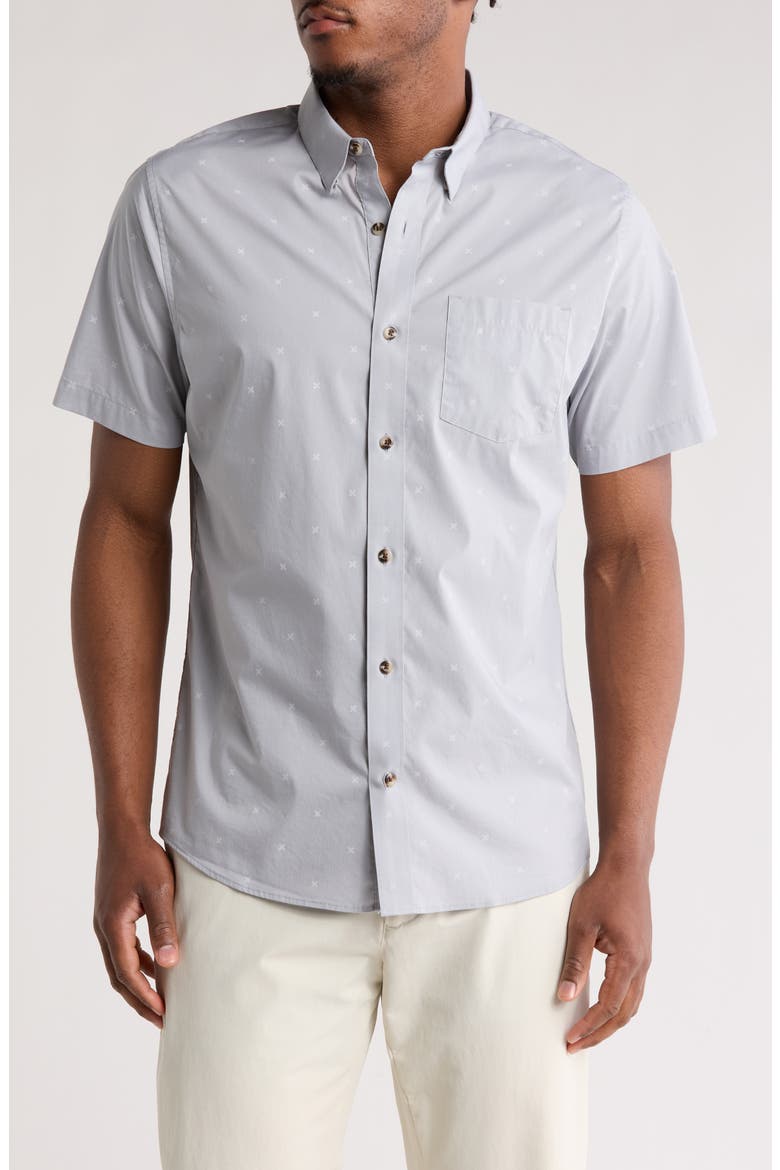 Across the Pond Geo Print Short Sleeve Stretch Button-Up Shirt, Main, color, HEATHER SLEET