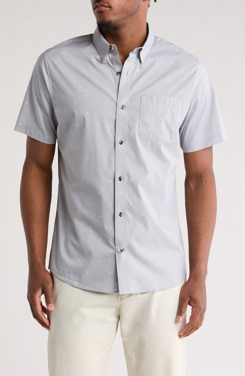 TravisMathew Across the Pond Geo Print Short Sleeve Stretch Button-Up Shirt, Main, color, Heather Sleet