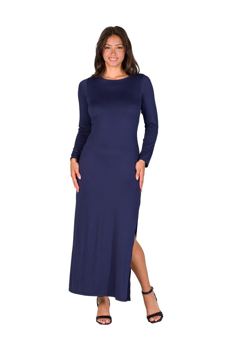 Long Sleeve Side Slit Fitted Black Maxi Dress, Main, color, Navy