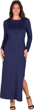 24seven Comfort Apparel Long Sleeve Side Slit Fitted Black Maxi Dress