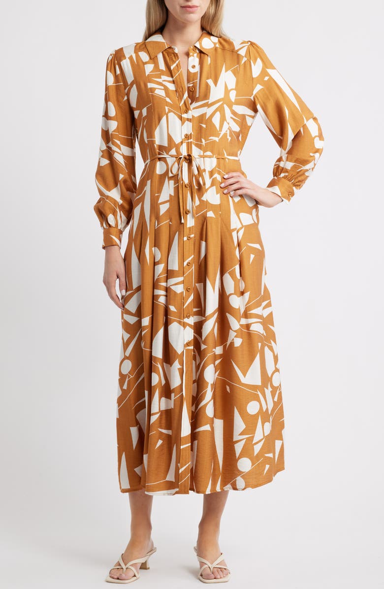 MELLODAY Long Sleeve Geometric Shirtdress, Main, color, Mustard Geo
