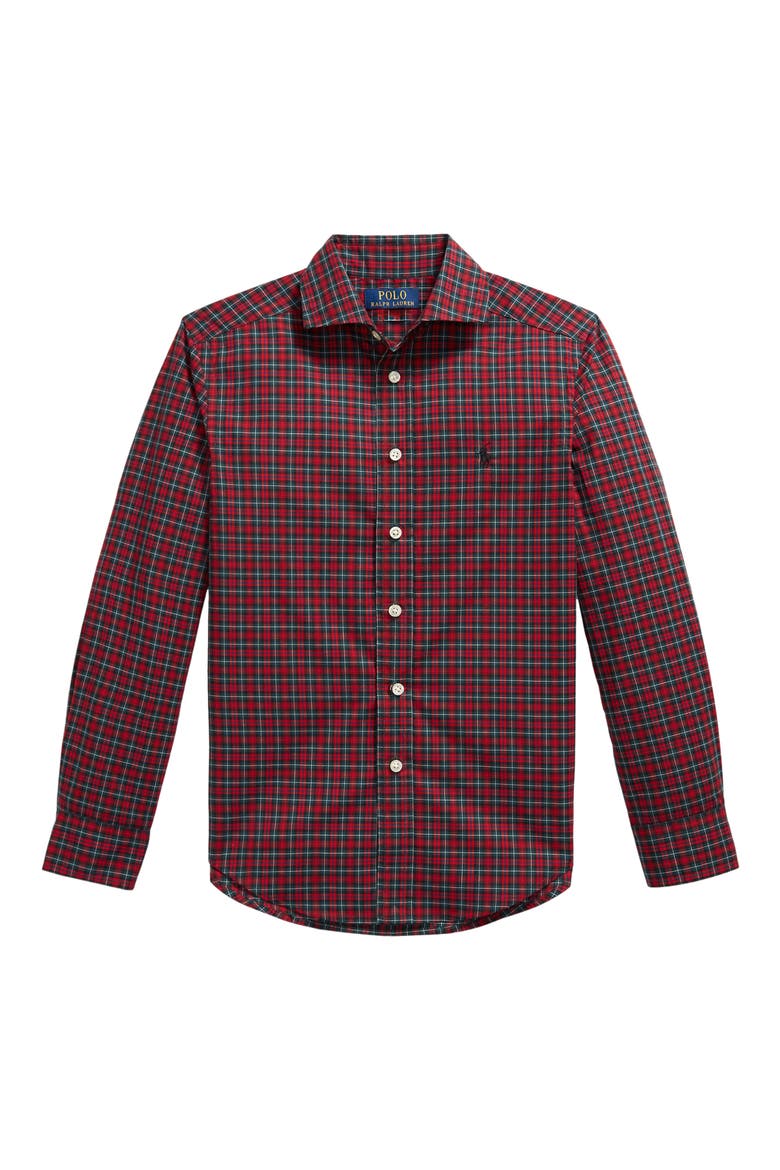Kids' Plaid Long Sleeve Poplin Shirt, Main, color, RED GREEN MULTI
