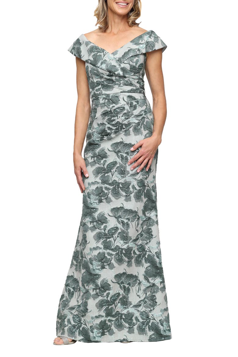 Metallic Off the Shoulder Jacquard Mermaid Gown, Main, color, SAGE