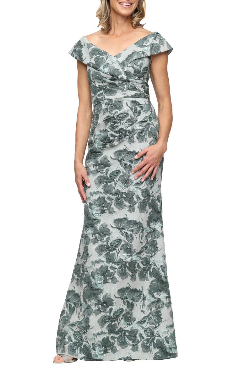 Alex Evenings Metallic Off the Shoulder Jacquard Mermaid Gown, Main, color, Sage