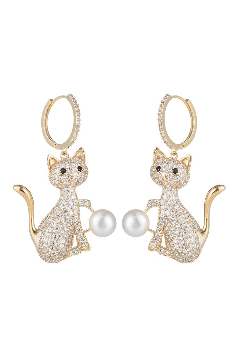 Cubic Zirconia & Faux Pearl Cat Drop Earrings, Main, color, GOLD