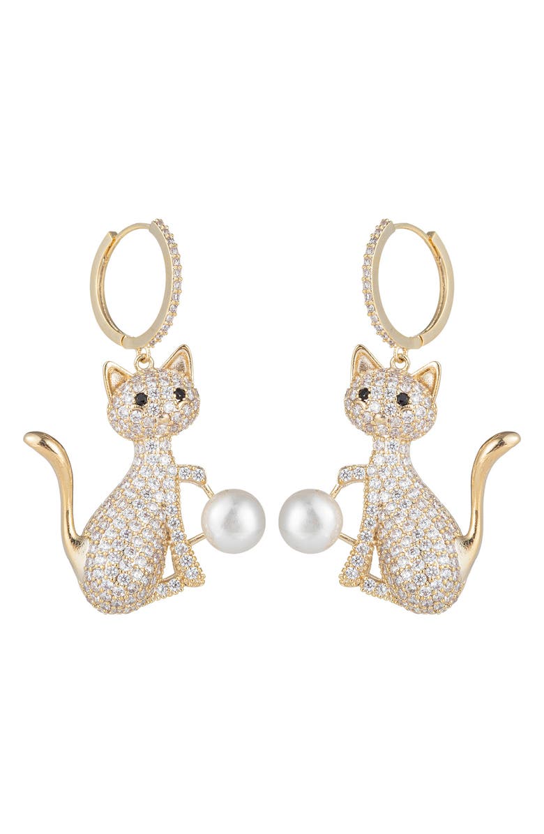 EYE CANDY LOS ANGELES Cubic Zirconia & Faux Pearl Cat Drop Earrings, Main, color, Gold