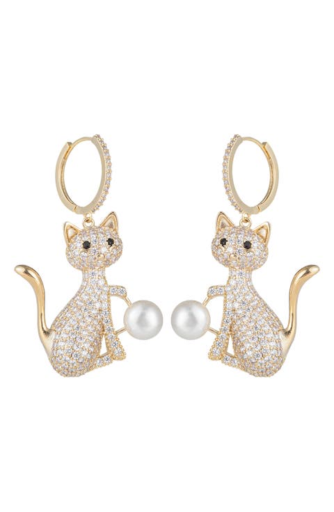 Cubic Zirconia & Faux Pearl Cat Drop Earrings