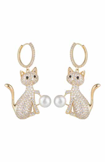 EYE CANDY LOS ANGELES Cubic Zirconia & Faux Pearl Cat Drop Earrings
