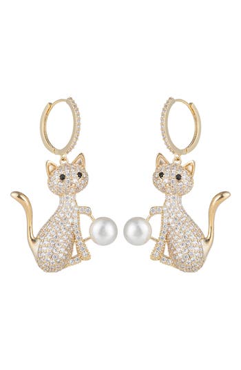 Eye Candy Los Angeles Cubic Zirconia & Faux Pearl Cat Drop Earrings In Gold