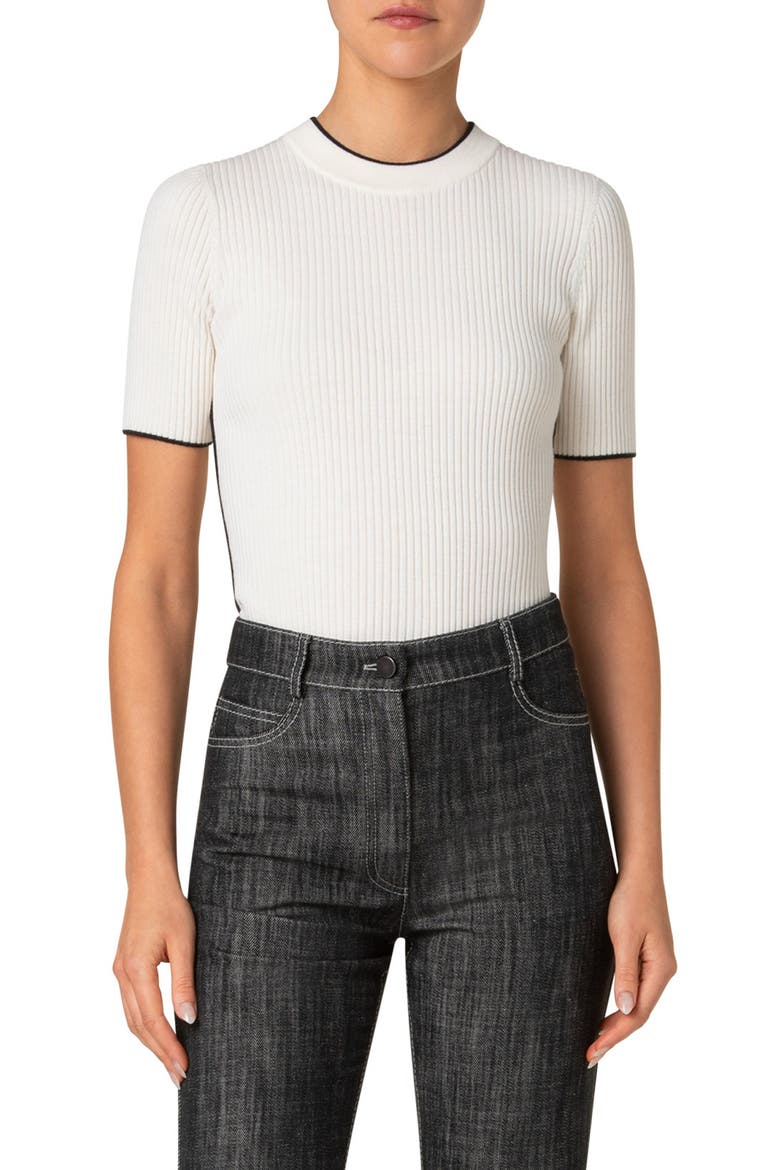 Short Sleeve Virgin Wool Rib Sweater, Main, color, CREAM BLACK