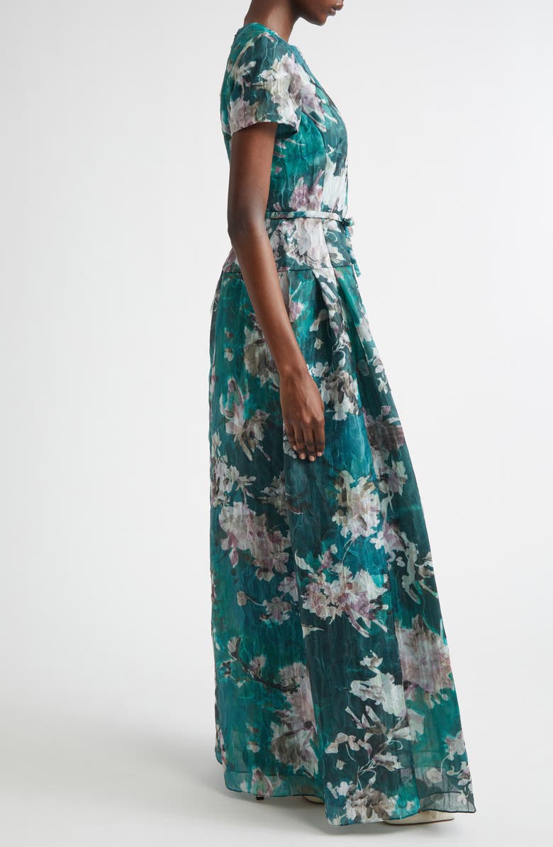 Erdem Painted Floral Crushed Organza Drop Waist Gown, Alternate, color, Painted Bloom Hedgerow Green