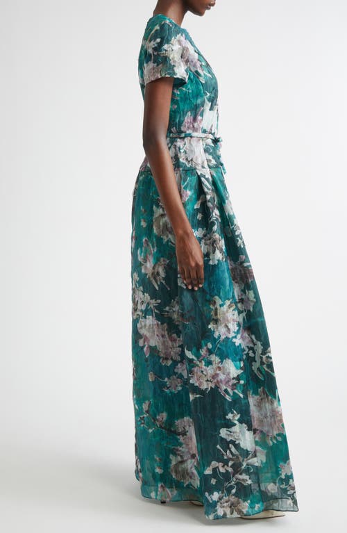 Erdem Painted Floral Crushed Organza Drop Waist Gown In Green