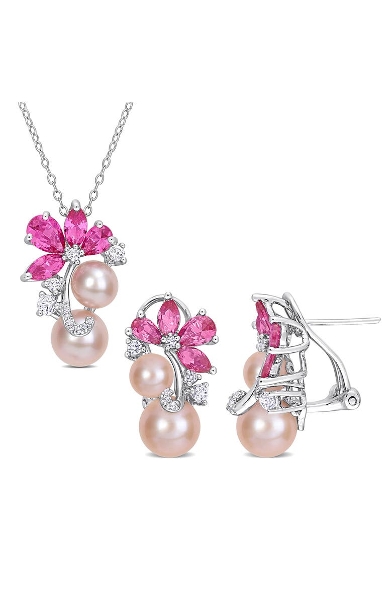 Pink Cultured Freshwater Pearl & Lab Grown Sapphire Flower Necklace & Earrings Set, Main, color, PINK