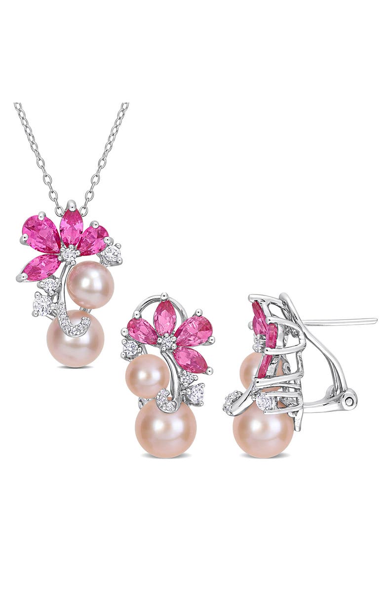 DELMAR Pink Cultured Freshwater Pearl & Lab Grown Sapphire Flower Necklace & Earrings Set, Main, color, Pink