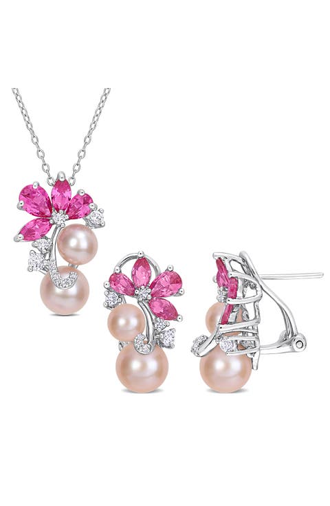 Pink Cultured Freshwater Pearl & Lab Grown Sapphire Flower Necklace & Earrings Set