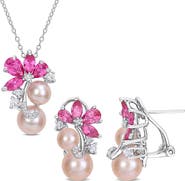 DELMAR Pink Cultured Freshwater Pearl & Lab Grown Sapphire Flower Necklace & Earrings Set