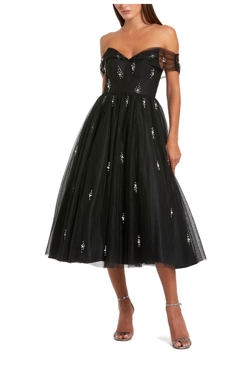 Mac Duggal Petite Ieena Off The Shoulder Embellished Tulle Cocktail Dress, Main, color, Black